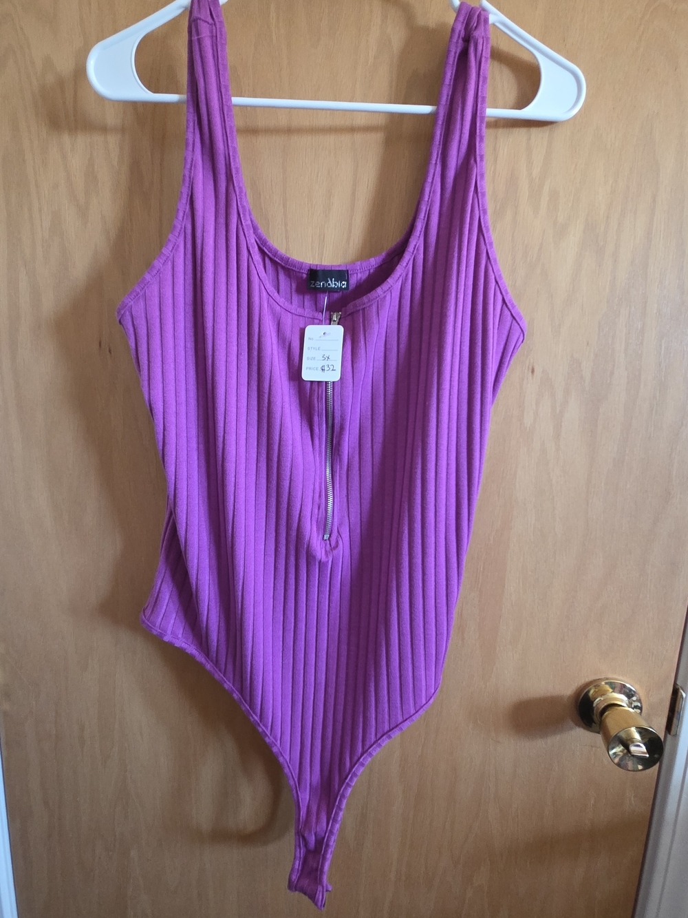 Zenobia Purple Ribbed Scoop Neck Bodysuit with Front Zip